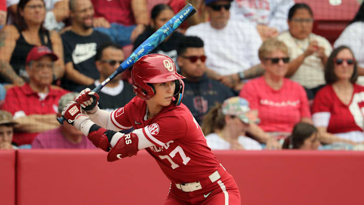 Oklahoma third baseman Sydney Barker waits on a pitch against Kentucky.