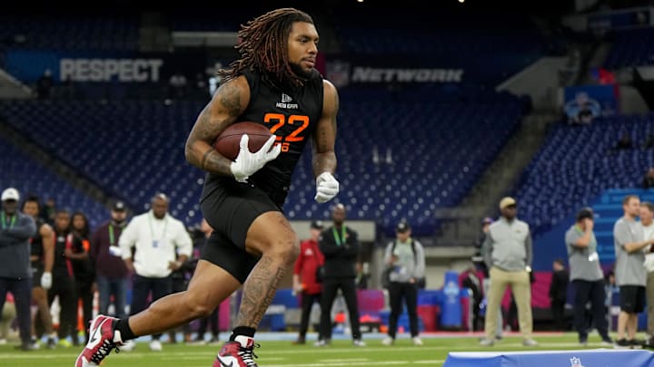 Miami running back Damien Martinez during the 2025 NFL Combine at Lucas Oil Stadium.