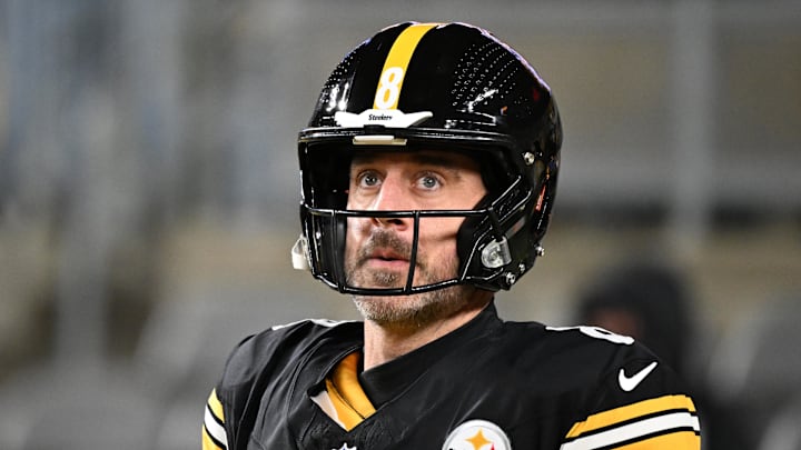 Jan 12, 2026; Pittsburgh, PA, USA; Pittsburgh Steelers quarterback Aaron Rodgers (8) warms up before an AFC Wild Card Round game against the Houston Texans at Acrisure Stadium. Mandatory Credit: Barry Reeger-Imagn Images