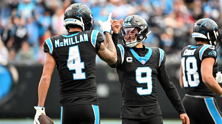 Carolina Panthers quarterback Bryce Young (9) celebrates with wide receiver Tetairoa McMillan (4) after a play Carolina Panthers quarterback Bryce Young (9) celebrates with wide receiver Tetairoa McMillan (4) after a play