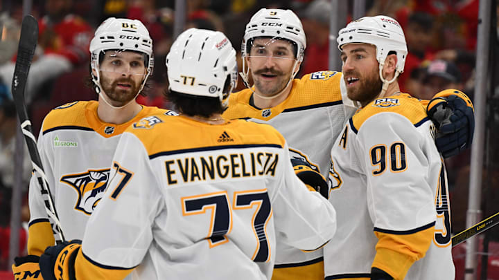 Apr 12, 2024; Chicago, Illinois, USA; Nashville Predators forward Filip Forsberg (9), center,