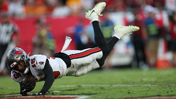 Oct 12, 2025; Tampa, Florida, USA; Tampa Bay Buccaneers wide receiver Tez Johnson (15) dives for a touchdown during the third quarter against the San Francisco 49ers at Raymond James Stadium. Mandatory Credit: Nathan Ray Seebeck-Imagn Images