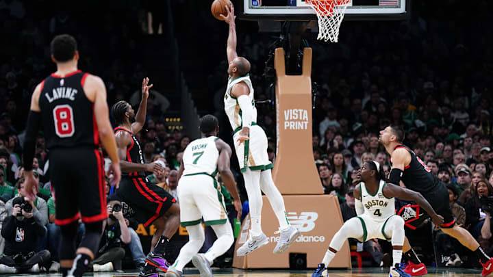 Nov 28, 2023; Boston, Massachusetts, USA; Boston Celtics center Al Horford (42) blocks the4 shot of