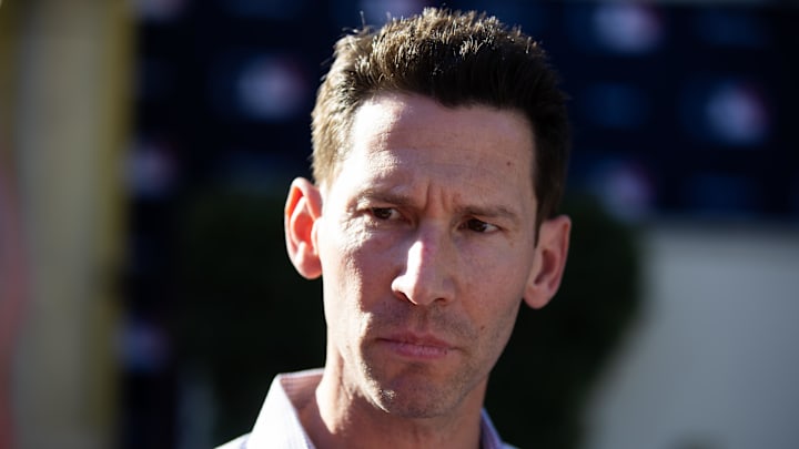 Nov 7, 2023; Scottsdale, AZ, USA; Boston Red Six chief baseball officer Craig Breslow speaks to the media during the MLB General Manager's Meetings at Omni Scottsdale Resort & Spa. Mandatory Credit: Mark J. Rebilas-Imagn Images