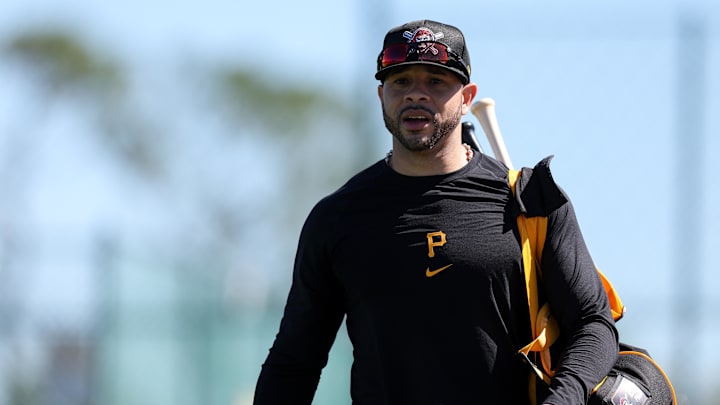 Feb 17, 2025; Bradenton, FL, USA;  Pittsburgh Pirates outfield Tommy Pham (28) participates in spring training workouts at Pirate City. Mandatory Credit: Nathan Ray Seebeck-Imagn Images