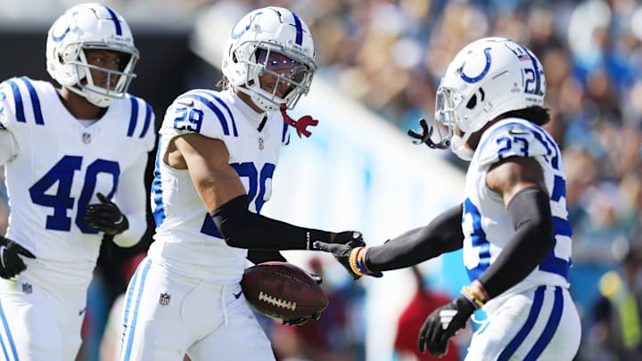 Indianapolis Colts cornerback JuJu Brents (29) is congratulated by cornerback Kenny Moore II (23)