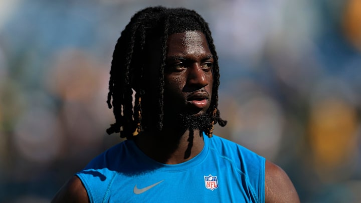 Jacksonville Jaguars wide receiver Brian Thomas Jr. (7) looks on before an NFL football matchup Sunday, Oct. 27, 2024 at EverBank Stadium in Jacksonville, Fla. 
