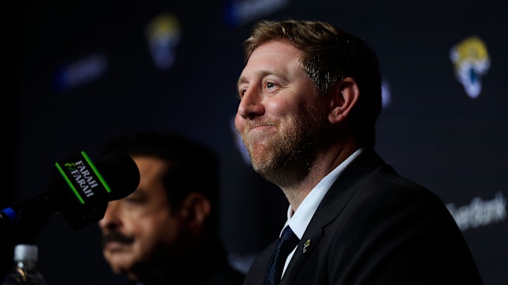 New Jacksonville Jaguars head coach Liam Coen smiles after speaking and being introduced during a press conference Monday, Jan. 27, 2025 at the Miller Electric Center in Jacksonville, Fla. 