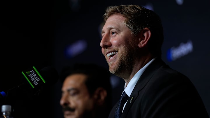 New Jacksonville Jaguars head coach, Liam Coen, smiles next to Jaguars owner Shad Khan after speaking and being introduced during a press conference Monday, Jan. 27, 2025 at the Miller Electric Center in Jacksonville, Fla.