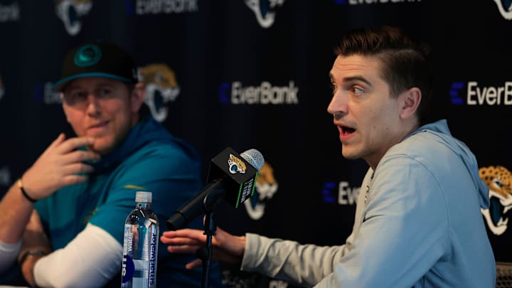 Jacksonville Jaguars general manager James Gladstone, right, speaks next to head coach Liam Coen during a press conference at Miller Electric Center Tuesday, April 15, 2025 in Jacksonville, Fla. [Corey Perrine/Florida Times-Union]