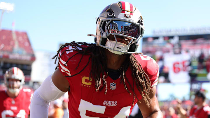 Oct 12, 2025; Tampa, Florida, USA; San Francisco 49ers middle linebacker Fred Warner (54) warms up before a game against the Tampa Bay Buccaneers at Raymond James Stadium. Mandatory Credit: Nathan Ray Seebeck-Imagn Images Oct 12, 2025; Tampa, Florida, USA; San Francisco 49ers middle linebacker Fred Warner (54) warms up before a game against the Tampa Bay Buccaneers at Raymond James Stadium. Mandatory Credit: Nathan Ray Seebeck-Imagn Images