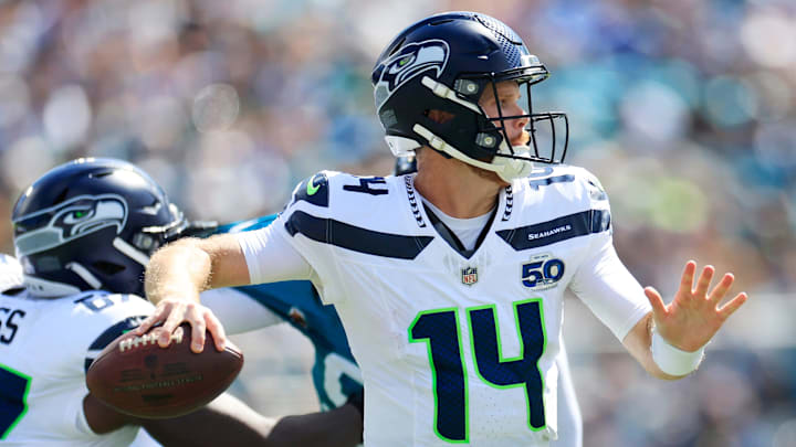 Seattle Seahawks quarterback Sam Darnold (14) looks to pass during the second quarter of an NFL football matchup, Sunday, Oct. 12, 2025, at EverBank Stadium in Jacksonville, Fla. The Seahawks defeated the Jaguars 20-12.