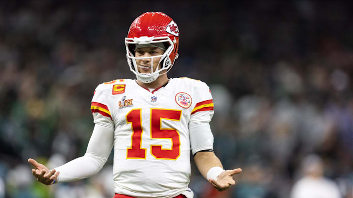 Feb 9, 2025; New Orleans, LA, USA;  Kansas City Chiefs quarterback Patrick Mahomes (15) reacts against the Philadelphia Eagles in Super Bowl LIX at Ceasars Superdome. Mandatory Credit: Mark J. Rebilas-Imagn Images