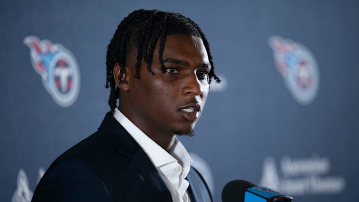 Cam Ward fields questions after being introduced as the Tennessee Titans first-round pick and number one overall pick n the NFL Draft at Ascension Saint Thomas Sports Park in Nashville, Tenn., Friday, April 25, 2025. Mandatory Credit: The Tennessean/USA TODAY NETWORK via Imagn Images