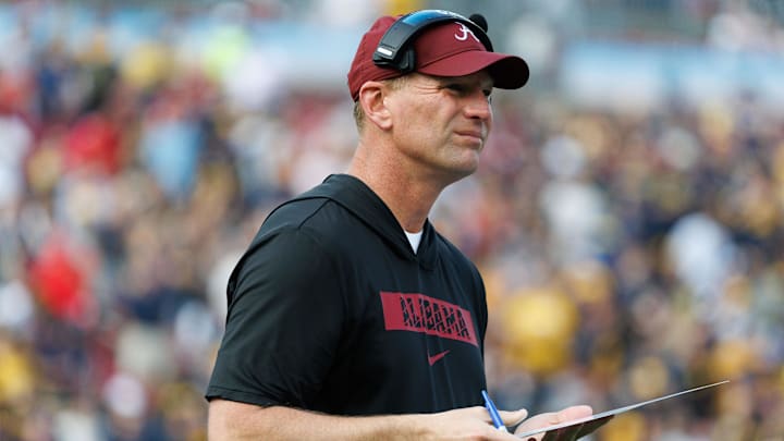 Dec 31, 2024; Tampa, FL, USA; Alabama Crimson Tide head coach Kalen DeBoer looks on against the Michigan Wolverines during the first half at Raymond James Stadium. Mandatory Credit: Matt Pendleton-Imagn Images