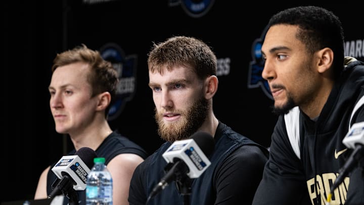 Purdue Boilermakers guard Braden Smith (3) talks to the media 