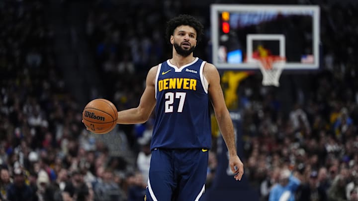 Feb 20, 2025; Denver, Colorado, USA; Denver Nuggets guard Jamal Murray (27) controls the ball in the second half against the Charlotte Hornets at Ball Arena. Mandatory Credit: Ron Chenoy-Imagn Images Feb 20, 2025; Denver, Colorado, USA; Denver Nuggets guard Jamal Murray (27) controls the ball in the second half against the Charlotte Hornets at Ball Arena. Mandatory Credit: Ron Chenoy-Imagn Images