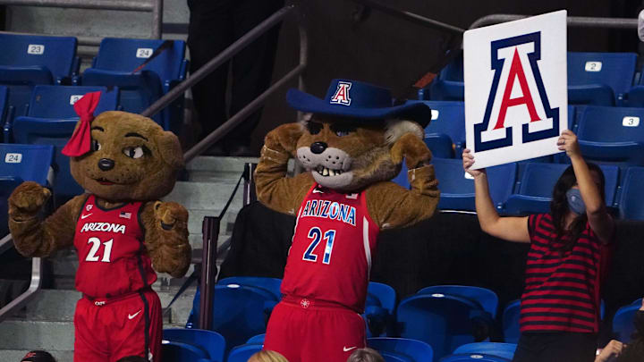 Apr 2, 2021; San Antonio, Texas, USA; Arizona Wildcats mascot Wilbur and Wilma hold U of A signs during the game against the Connecticut Huskies at Alamodome. Arizona defeated UConn 69-59. Mandatory Credit: Kirby Lee-Imagn Images