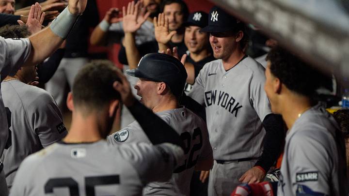 Sep 18, 2026; Phoenix, Arizona, USA; New York Yankees designated hitter Ben Rice (22) celebrates with his team after hitting a home run in the third inning of a game against the Arizona Diamondbacks at Chase Field. Mandatory Credit: Allan Henry-Imagn Images Sep 18, 2026; Phoenix, Arizona, USA; New York Yankees designated hitter Ben Rice (22) celebrates with his team after hitting a home run in the third inning of a game against the Arizona Diamondbacks at Chase Field. Mandatory Credit: Allan Henry-Imagn Images