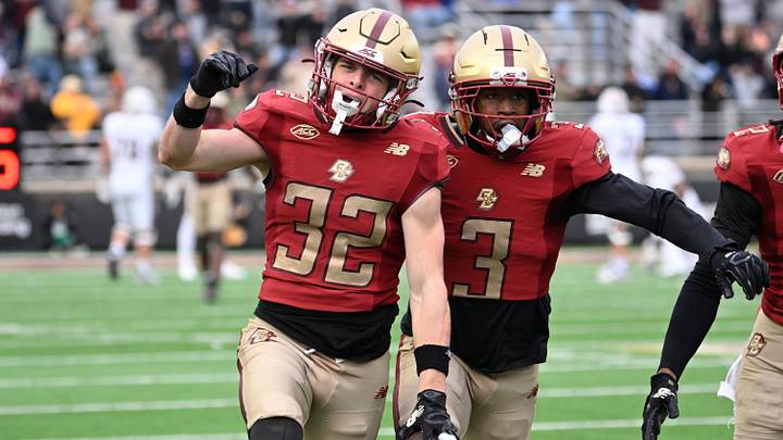 Oct 17, 2026; Chestnut Hill, MA, USA; Boston College Eagles defensive back Charlie Comella (32) runs after intercepting a pass by quarterback Corey Dailey (not pictured) during the second half at Alumni Stadium. Mandatory Credit: Eric Canha-Imagn Images Oct 17, 2026; Chestnut Hill, MA, USA; Boston College Eagles defensive back Charlie Comella (32) runs after intercepting a pass by quarterback Corey Dailey (not pictured) during the second half at Alumni Stadium. Mandatory Credit: Eric Canha-Imagn Images