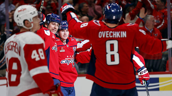Mar 18, 2025; Washington, District of Columbia, USA; Washington Capitals center Connor McMichael (24) celebrates after scoring a goal during the third period against the Detroit Red Wings at Capital One Arena. Mandatory Credit: Peter Casey-Imagn Images