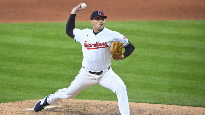 Apr 13, 2024; Cleveland, Ohio, USA; Cleveland Guardians relief pitcher Cade Smith (36) delivers a pitch in the the sixth inning against the New York Yankees at Progressive Field. Mandatory Credit: David Richard-Imagn Images
