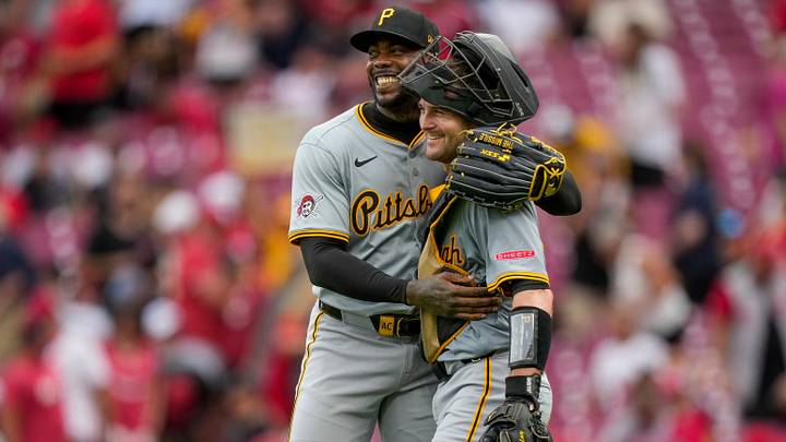 Pittsburgh Pirates pitcher Aroldis Chapman celebrates a win with catcher Jason Delay. Pittsburgh Pirates pitcher Aroldis Chapman celebrates a win with catcher Jason Delay.