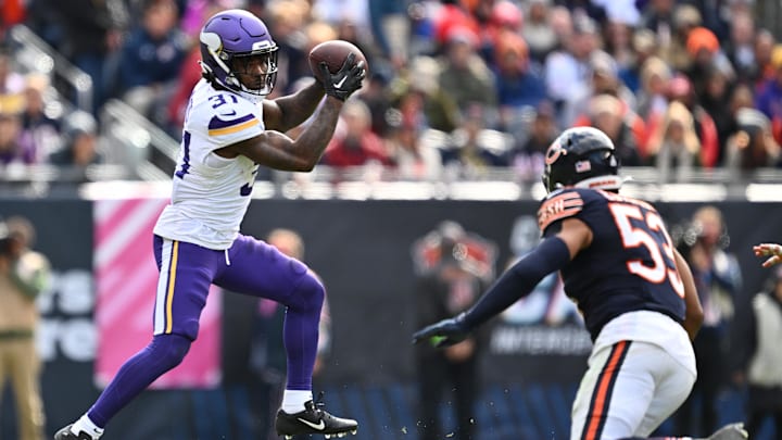 Oct 15, 2023; Chicago, Illinois, USA;  Minnesota Vikings running back Cam Akers (31) catches a pass