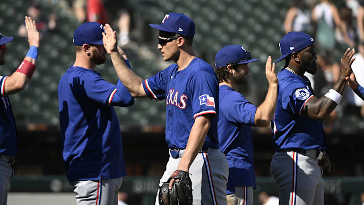 Aug 29, 2024; Chicago, Illinois, USA; Texas Rangers shortstop Corey Seager (5) celebrates with teammates after the game against the Chicago White Sox at Guaranteed Rate Field. Mandatory Credit: Matt Marton-Imagn Images Aug 29, 2024; Chicago, Illinois, USA; Texas Rangers shortstop Corey Seager (5) celebrates with teammates after the game against the Chicago White Sox at Guaranteed Rate Field. Mandatory Credit: Matt Marton-Imagn Images