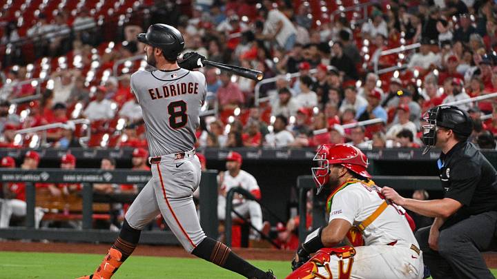 Sep 15, 2026; St. Louis, Missouri, USA; San Francisco Giants first baseman Bryce Eldridge (8) hits a two run double against the St. Louis Cardinals during the eighth inning at Busch Stadium. Mandatory Credit: Jeff Curry-Imagn Images
