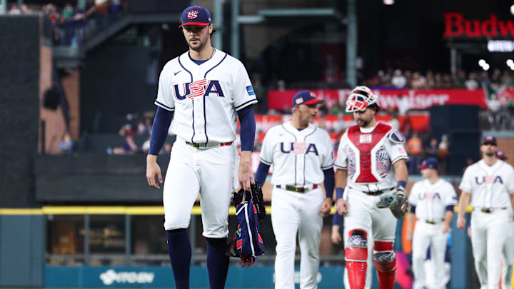 Mar 9, 2026; Houston, TX, United States; United States pitcher Paul Skenes (30) enters the field before the game against Mexico at Daikin Park. Mandatory Credit: Troy Taormina-Imagn Images