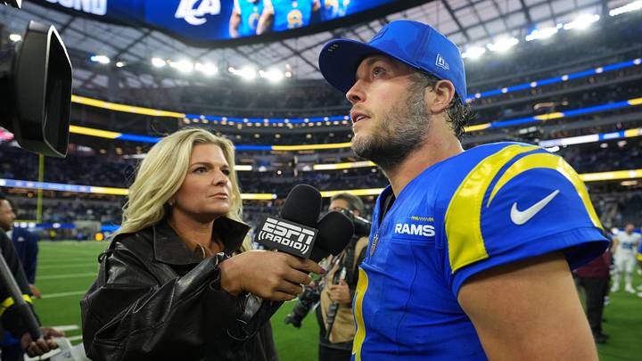 Dec 14, 2025; Inglewood, California, USA; ESPN radio reporter Lindsey Thiry. (left) interviews Los Angeles Rams quarterback Matthew Stafford (9) after the game against the Detroit Lions at SoFi Stadium. Mandatory Credit: Kirby Lee-Imagn Images Dec 14, 2025; Inglewood, California, USA; ESPN radio reporter Lindsey Thiry. (left) interviews Los Angeles Rams quarterback Matthew Stafford (9) after the game against the Detroit Lions at SoFi Stadium. Mandatory Credit: Kirby Lee-Imagn Images