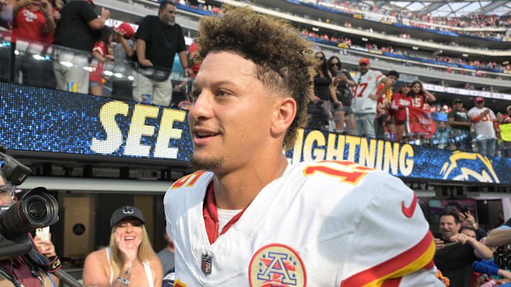 Sep 29, 2024; Inglewood, California, USA;  Kansas City Chiefs quarterback Patrick Mahomes (15) leaves the field following the game against the Los Angeles Chargers at SoFi Stadium. Mandatory Credit: Jayne Kamin-Oncea-Imagn Images