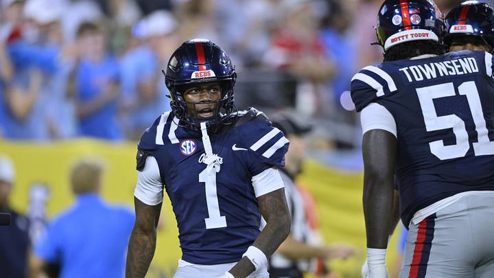 Ole Miss Rebels wide receiver Deuce Alexander (1) celebrates after scoring a touchdown on a 62-yard catch and run against the Louisville Cardinals during the third quarter  at Nissan Stadium.  