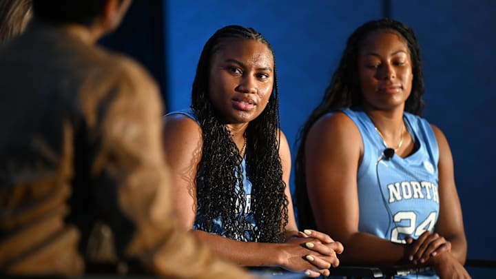 Oct 6, 2025; Charlotte, NC, USA; North Carolina player Reniya Kelly answers questions from the media at The Hilton Charlotte Uptown. Mandatory Credit: William Howard-Imagn Images