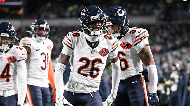 Nov 28, 2025; Philadelphia, Pennsylvania, USA; Chicago Bears cornerback Nahshon Wright (26) celebrates after recovering a fumble against the Philadelphia Eagles during the third quarter of the game at Lincoln Financial Field. Mandatory Credit: Eric Hartline-Imagn Images