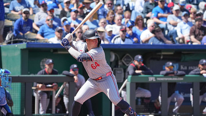 Minnesota Twins third base Jose Miranda at bat against the Kansas City Royals during the game at Kauffman Stadium in Kansas City, Mo., on April 10, 2025. Minnesota Twins third base Jose Miranda at bat against the Kansas City Royals during the game at Kauffman Stadium in Kansas City, Mo., on April 10, 2025.