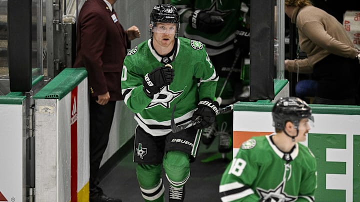 Apr 11, 2024; Dallas, Texas, USA; Dallas Stars center Ty Dellandrea (10) skate in warms up prior to a game against against the Winnipeg Jets at the American Airlines Center. Mandatory Credit: Jerome Miron-Imagn Images