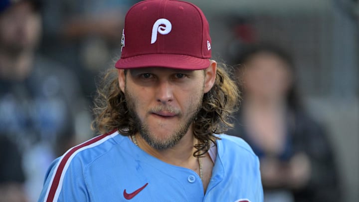 Oct 8, 2025; Los Angeles, California, USA; Philadelphia Phillies third baseman Alec Bohm (28) in the dugout during game three of the NLDS of the 2025 MLB playoffs against the Los Angeles Dodgers at Dodger Stadium.