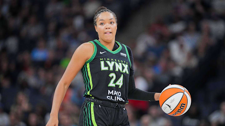 Minnesota Lynx forward Napheesa Collier (24) dribbles against the Las Vegas Aces in the third quarter at Target Center. 