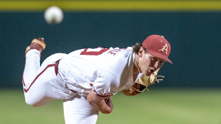 Arkansas Razorbacks pitcher Gabe Gaeckle delivers a pitch against the Creighton Bluejays in the NCAA Regional at Baum-Walker Stadium in Fayetteville, Ark.