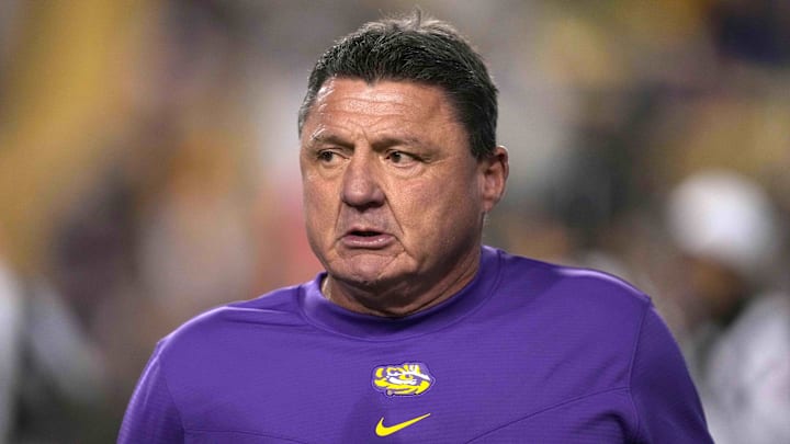 Nov 13, 2021; Baton Rouge, Louisiana, USA; LSU Tigers head coach Ed Orgeron reacts in the first half against the Arkansas Razorbacks at Tiger Stadium. Mandatory Credit: Kirby Lee-Imagn Images