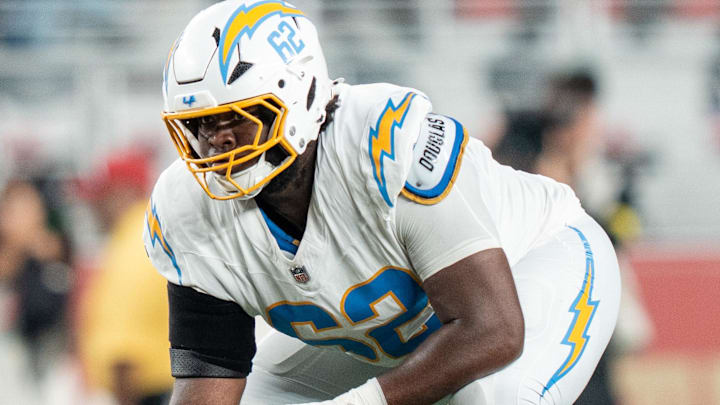 August 23, 2025; Santa Clara, California, USA; Los Angeles Chargers guard Nash Jones (62) during the fourth quarter against the San Francisco 49ers at Levi's Stadium. Mandatory Credit: Kyle Terada-Imagn Images August 23, 2025; Santa Clara, California, USA; Los Angeles Chargers guard Nash Jones (62) during the fourth quarter against the San Francisco 49ers at Levi's Stadium. Mandatory Credit: Kyle Terada-Imagn Images