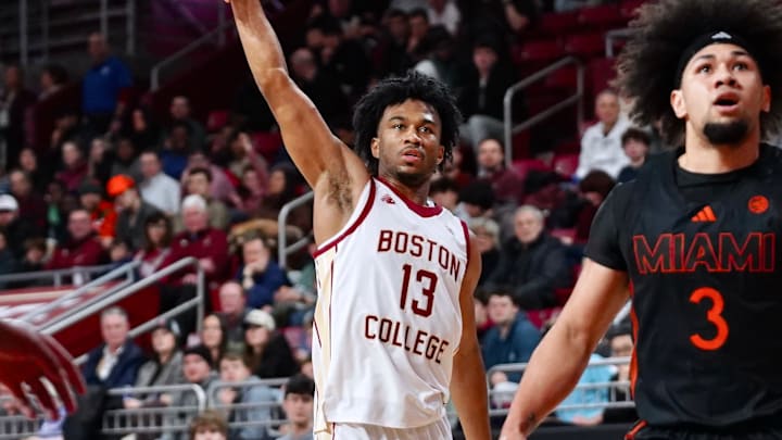 Donald Hand Jr. scores a three-point shot at Conte Forum on Feb. 7, 2026.