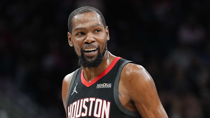 Mar 8, 2026; San Antonio, Texas, USA;  Houston Rockets forward Kevin Durant (7) looks over in the first half against the San Antonio Spurs at Frost Bank Center. Mandatory Credit: Daniel Dunn-Imagn Images