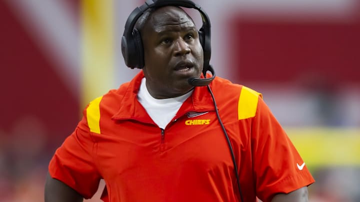 Sep 11, 2022; Glendale, Arizona, USA; Kansas City Chiefs offensive coordinator Eric Bieniemy against the Arizona Cardinals at State Farm Stadium.