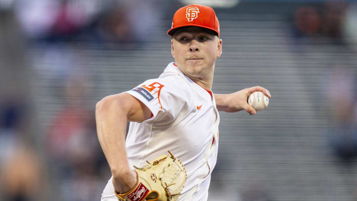 Sep 3, 2024; San Francisco, California, USA; San Francisco Giants starting pitcher Kyle Harrison (45) throws against the Arizona Diamondbacks during the first inning at Oracle Park. Sep 3, 2024; San Francisco, California, USA; San Francisco Giants starting pitcher Kyle Harrison (45) throws against the Arizona Diamondbacks during the first inning at Oracle Park.