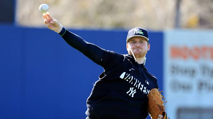 New York Yankees pitcher Clarke Schmidt (36) works out during spring training practices at George M. Steinbrenner Field. New York Yankees pitcher Clarke Schmidt (36) works out during spring training practices at George M. Steinbrenner Field.