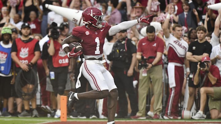 Aug 31, 2024; Tuscaloosa, Alabama, USA; Alabama Crimson Tide wide receiver Kendrick Law (1) celebrates after scoring a touchdown against the Western Kentucky Hilltoppers during the first half at Bryant-Denny Stadium. Mandatory Credit: Gary Cosby Jr.-Imagn Images Aug 31, 2024; Tuscaloosa, Alabama, USA; Alabama Crimson Tide wide receiver Kendrick Law (1) celebrates after scoring a touchdown against the Western Kentucky Hilltoppers during the first half at Bryant-Denny Stadium. Mandatory Credit: Gary Cosby Jr.-Imagn Images