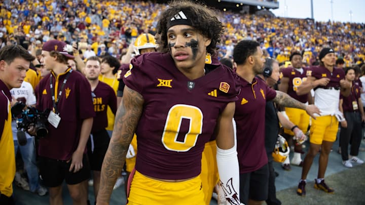 Nov 23, 2024; Tempe, Arizona, USA; Arizona State Sun Devils wide receiver Jordyn Tyson (0) against the Brigham Young Cougars at Mountain America Stadium. Mandatory Credit: Mark J. Rebilas-Imagn Images
